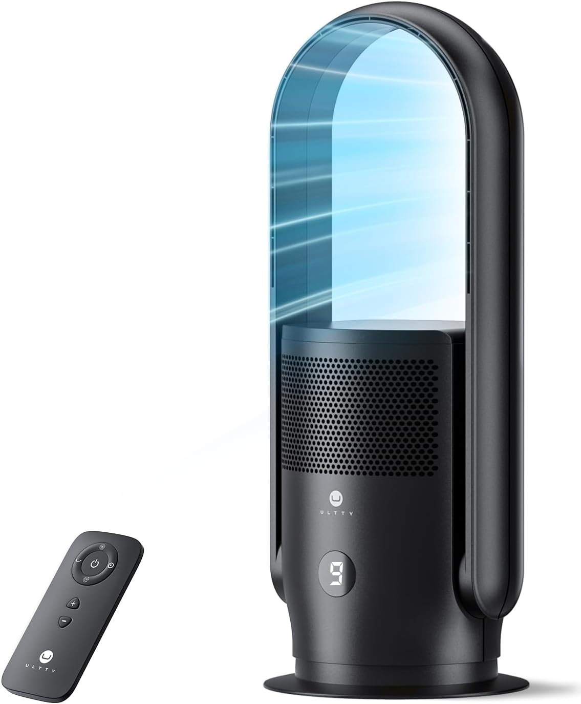 ULTTY Bladeless Tower Fan and Air Purifier Combo, Quiet Oscillating Fan with Remote & Touch Control, 9 Speeds, 8H Timer, HEPA Air Filter, Safe Floor Fan for Bedroom Home Office Black, 23.5"inch