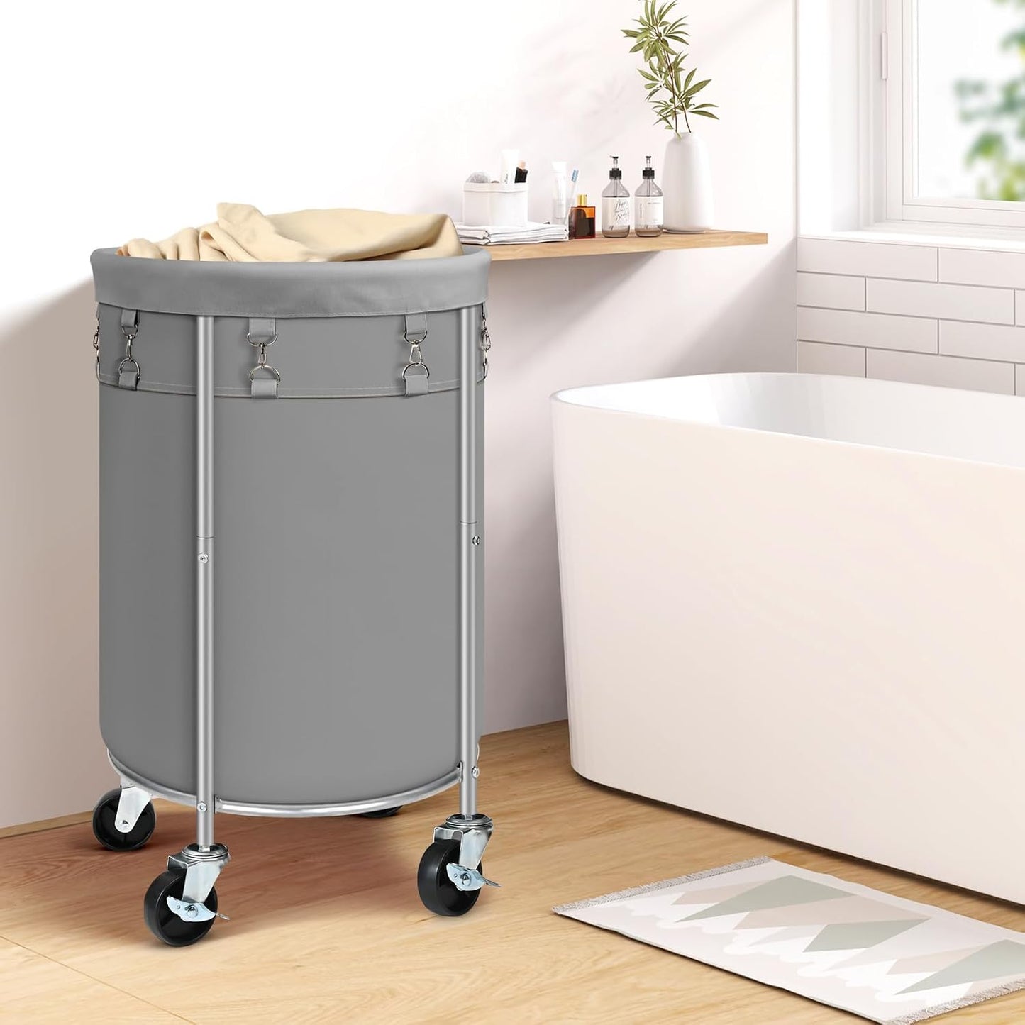 100L Round Rolling Laundry Hamper Basket with Wheels, Grey | Laundry Sorter Cart with Removable Bag, Clothes Organizer, Metal Frame, Bedroom, Bathroom, Laundry Room, Dorm Use