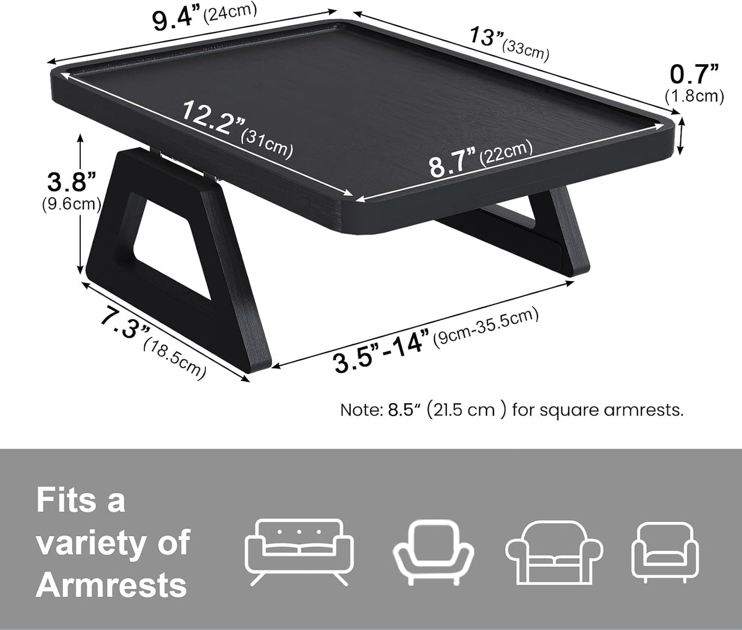 Couch Arm Tray,Bamboo Folding Sofa Tray,Sofa Armrest Trays Clip-On Couch Desk for Drinks,Snacks,Phone,Remote Control（Black）