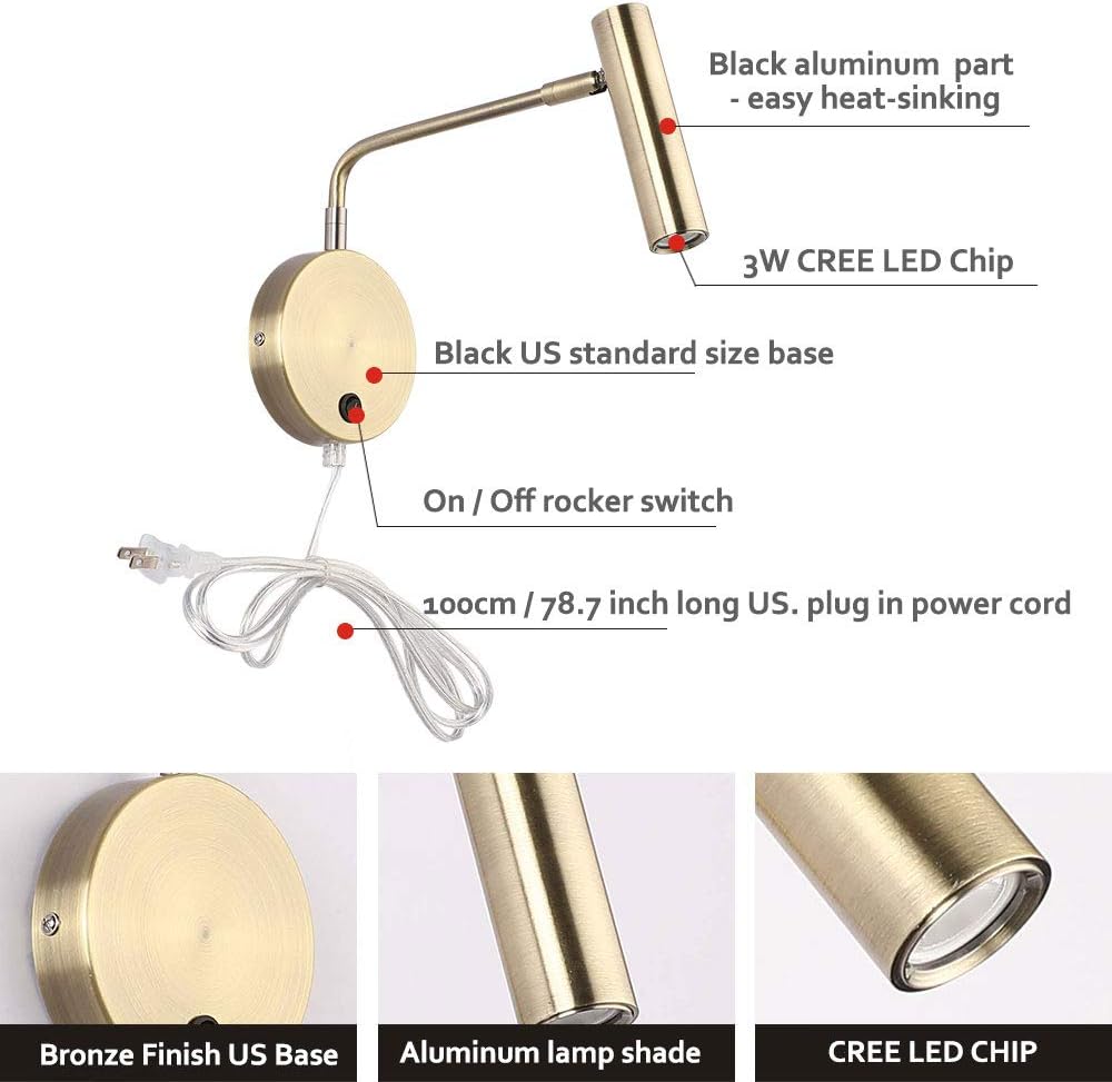 Joossnwell Wall Lamps that Plug in, Bronze Metal Industrial Wall Spotlight with Switch on Off for Home Bedside Lighting Fixtures Warm White 3000K 1 Pack