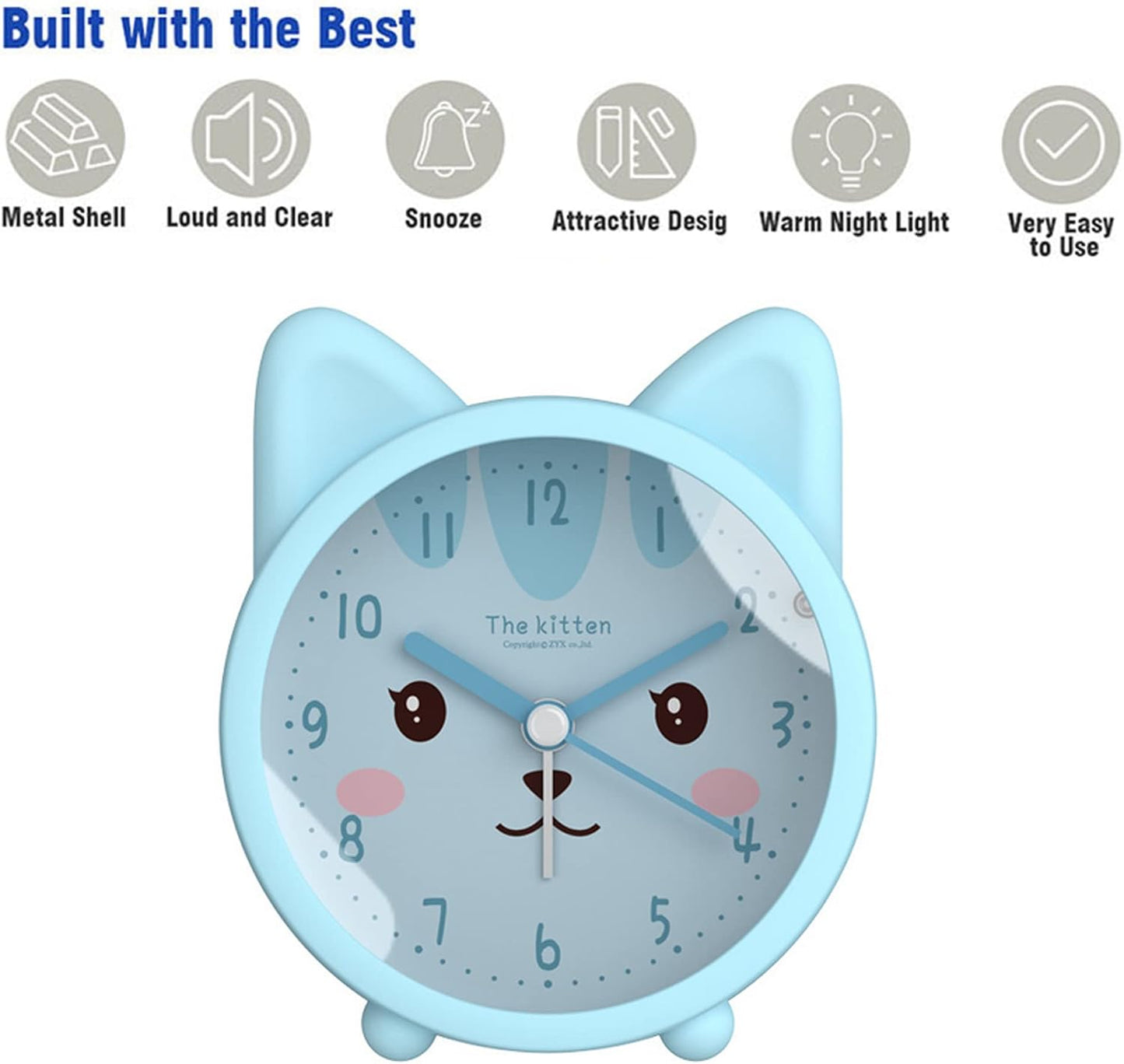 3" Cat Silicone Analog Alarm Clock Silent Non Ticking Backlight Desk Clock