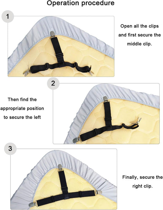 Fitted Sheet Clips Sheet Holders - 4Pcs Bed Sheet Straps for Corners | Black Bed Sheet Holders for Corners, Adjustable Sheet Straps for King/Queen Size Mattress, Keep Fitted Sheets Tight
