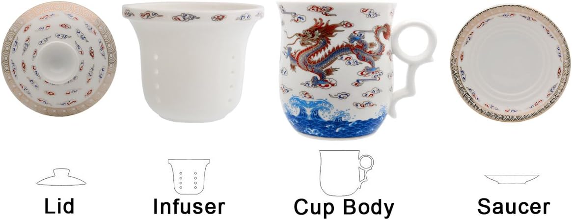 Porcelain Tea Cup with Infuser Lid and Saucer Sets - Chinese Jingdezhen Ceramics Coffee Mug Teacup Loose Leaf Tea Brewing System for Home Office