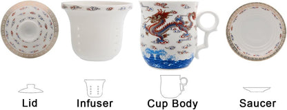 Porcelain Tea Cup with Infuser Lid and Saucer Sets - Chinese Jingdezhen Ceramics Coffee Mug Teacup Loose Leaf Tea Brewing System for Home Office