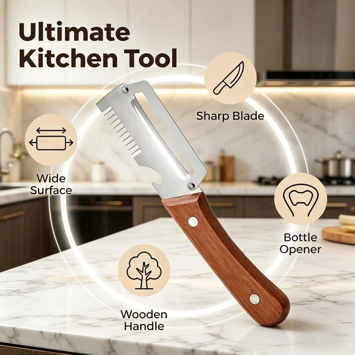 Premium Vegetable Peeler with Wooden Handle and Bottle Opener, Multi-Functional Vegetable Peeler for Fruit Pumpkin Peeling Potato and other vegetables or fruits (1pcs)