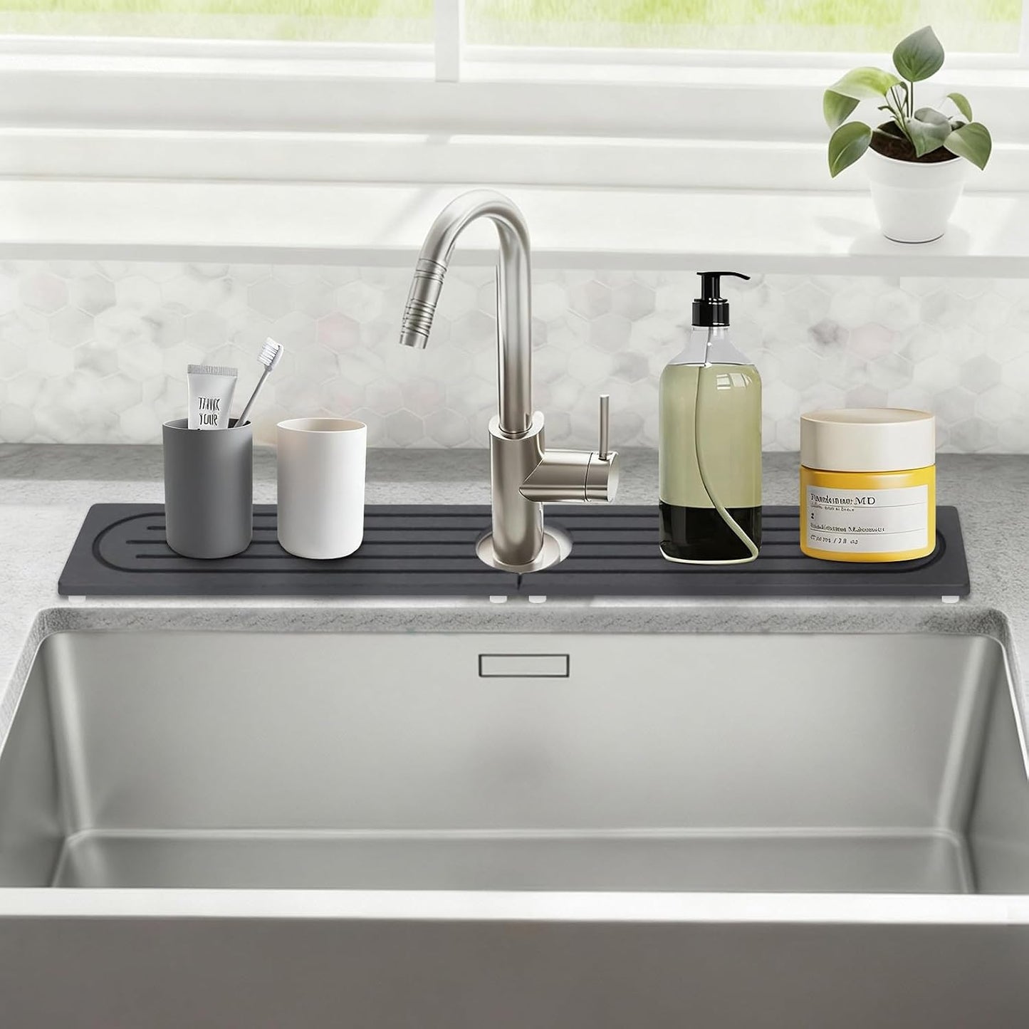 24 Inch Kitchen Sink Splash Guard, Sink Splash Guard Behind Faucet, Silicone Faucet Handle Drip Catcher Tray Mat for Kitchen, Bathroom Counter, Dark Gray, 23.6" x 4"