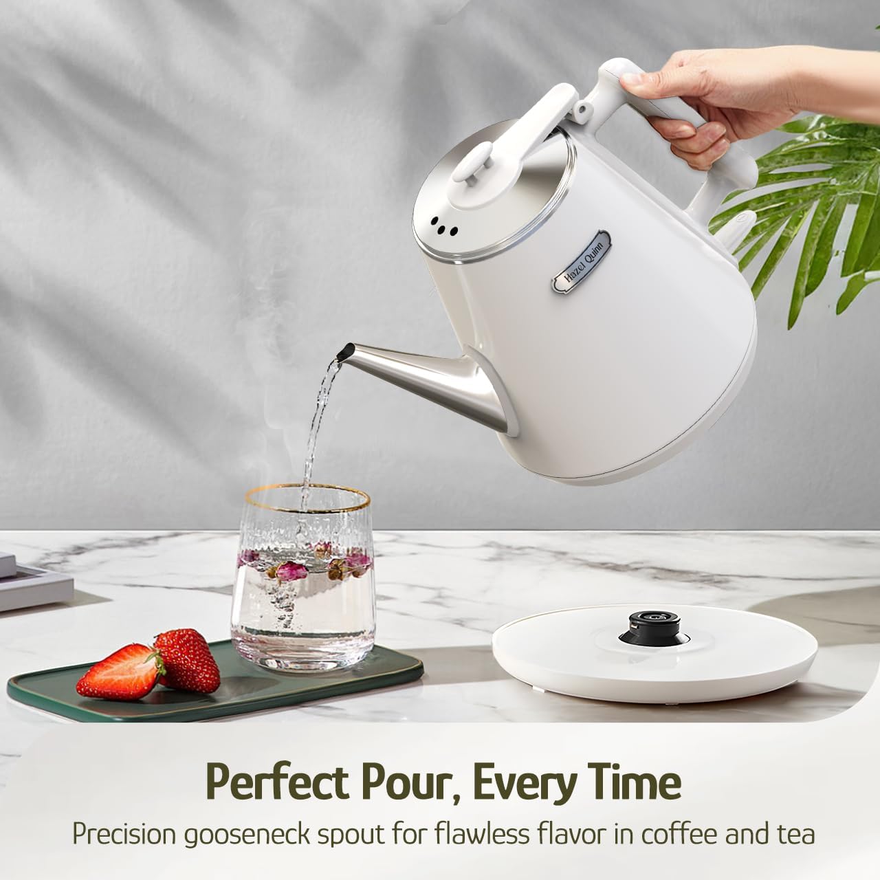 Hazel Quinn Electric Kettle, 1L/34oz Small Tea Kettle - Pearl White | 800W Fast Boil, 304 Stainless Steel Interior, Double-Wall Cool Touch, Gooseneck Spout, Auto Shut-Off, BPA-Free Cordless Home