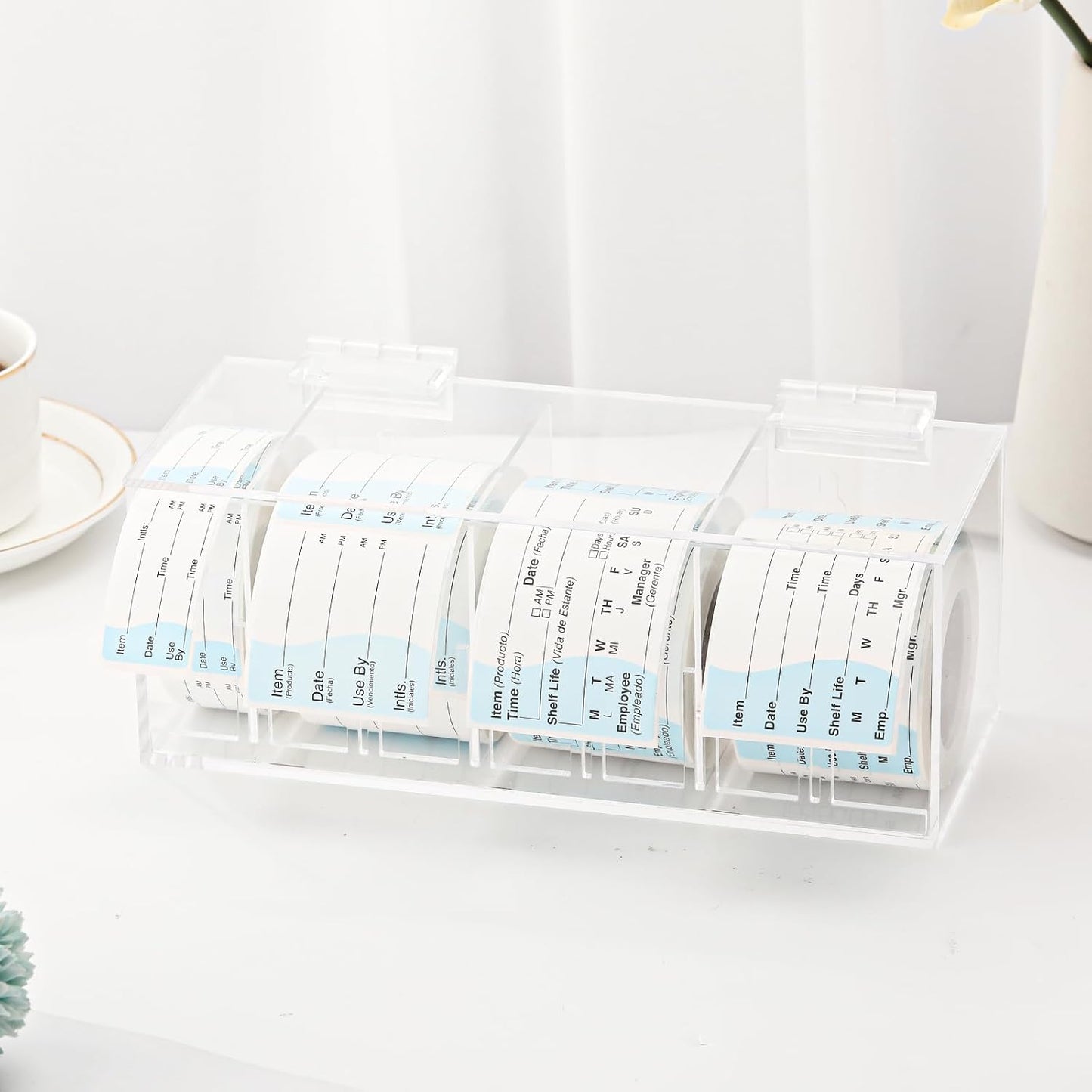 Adjustable Label Dispenser 4 Disks Sticker Roll Holder Acrylic Sticker Dispenser 9" x 3.5" x 3.5" Dissolvable Food Label Sticker Holder Organizer Label Stand for Date Sticker Label Desktop（No Label）