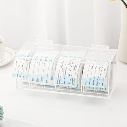 Adjustable Label Dispenser 4 Disks Sticker Roll Holder Acrylic Sticker Dispenser 9" x 3.5" x 3.5" Dissolvable Food Label Sticker Holder Organizer Label Stand for Date Sticker Label Desktop（No Label）