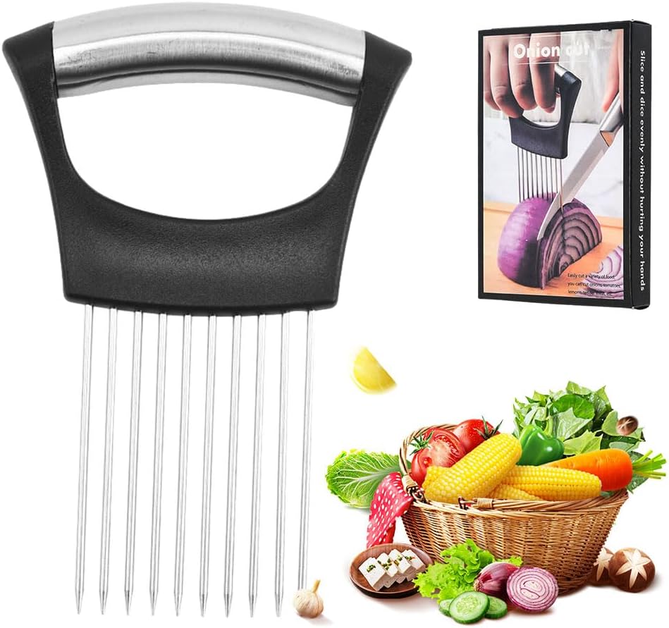 Onion Holder for Slicing, Upgrade Stainless Steel Onion Slicer Holder Cutter, Lemon Slicer Vegetable Cutter, Chopper Slicing Assistant Tool for Meat, Potato, Tomato Kitchen Tools (1)