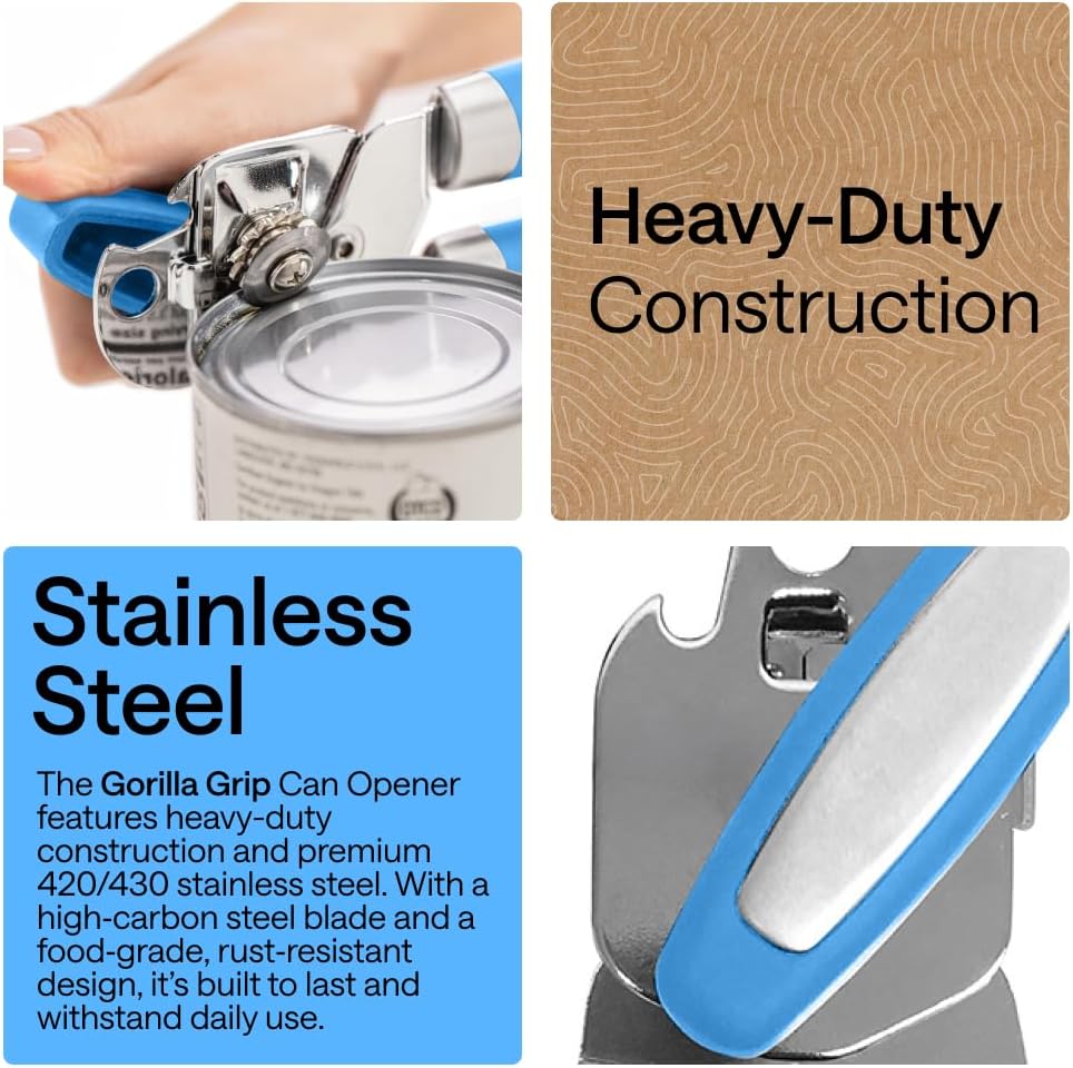 GORILLA GRIP Original Model Stainless Steel Smooth Edge Manual Can Opener and Bottle Openers, US Designed, Comfortable Handle, Oversized Handheld Turn Knob, Multifunctional Kitchen Tool, Gray