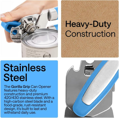 GORILLA GRIP Original Model Stainless Steel Smooth Edge Manual Can Opener and Bottle Openers, US Designed, Comfortable Handle, Oversized Handheld Turn Knob, Multifunctional Kitchen Tool, Gray