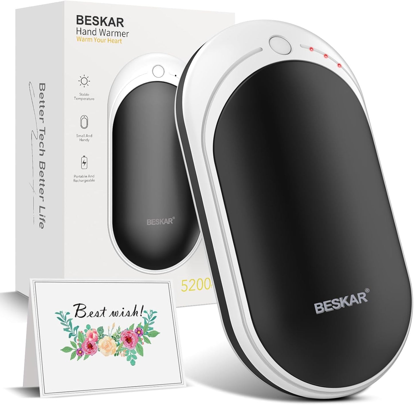 BESKAR Rechargeable Hand Warmer, 5200mAh Electric Hand Heater | Double Sided Heating, USB Quick Charge, Portable Pocket Hand Warmer for Outdoor, Golf, Raynauds