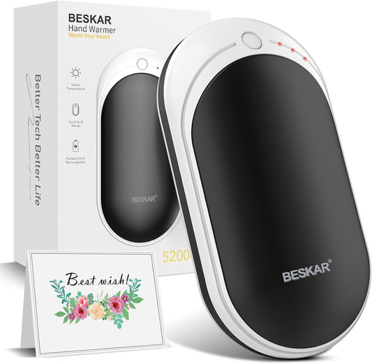 BESKAR Rechargeable Hand Warmer, 5200mAh Electric Hand Heater | Double Sided Heating, USB Quick Charge, Portable Pocket Hand Warmer for Outdoor, Golf, Raynauds