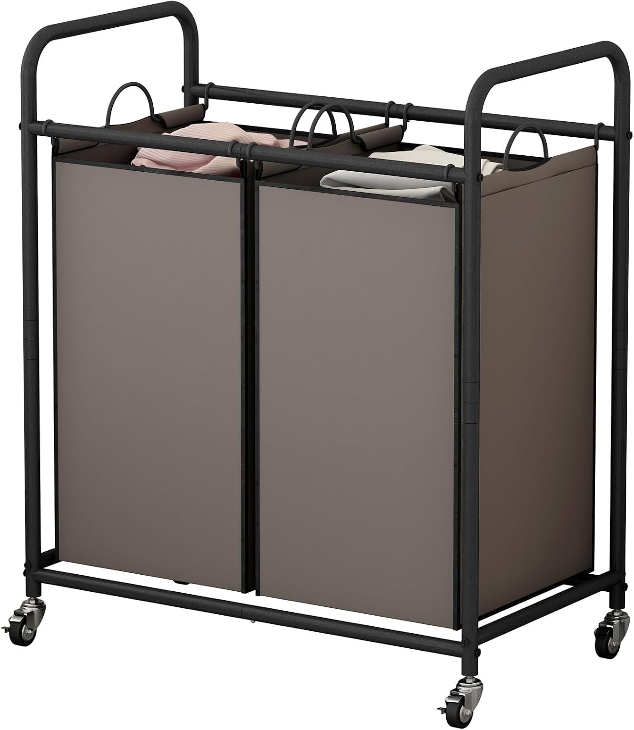 SUOERNUO Laundry Hamper with Lockable Wheels and 2 Removable Bags | Rolling Laundry Basket Laundry Sorter 2 section for Dirty Clothes in Laundry Room or Small Spaces, Grey+Beige