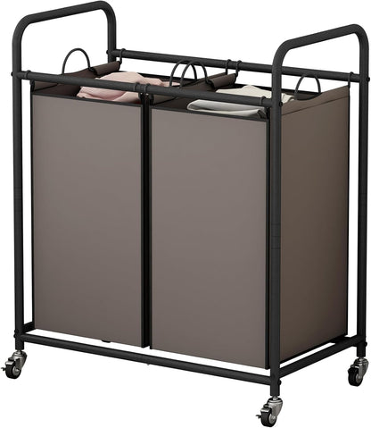 SUOERNUO Laundry Hamper with Lockable Wheels and 2 Removable Bags | Rolling Laundry Basket Laundry Sorter 2 section for Dirty Clothes in Laundry Room or Small Spaces, Grey+Beige