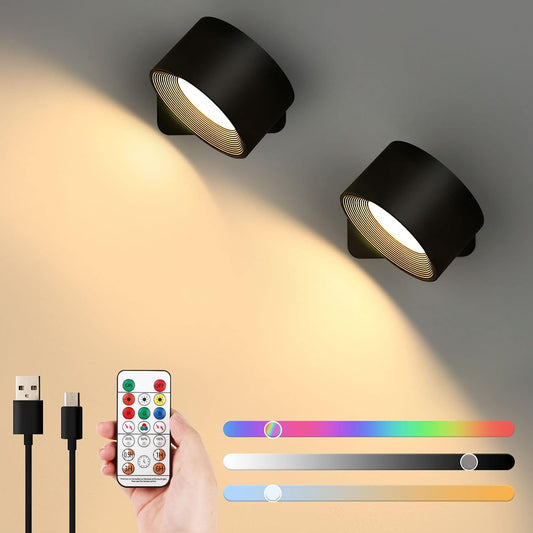 Lightess 2PC LED Wall Sconces, 19 Colors Dimmable Wall Mounted Lamp with 5000mAh Rechargeable Battery, 360°Rotate Magnetic Ball, Touch & Remote Control, Cordless Wall Light for Reading Bedside | Remote Control, Colors Dimmable Wall Mounted Lamp, 5000mAh