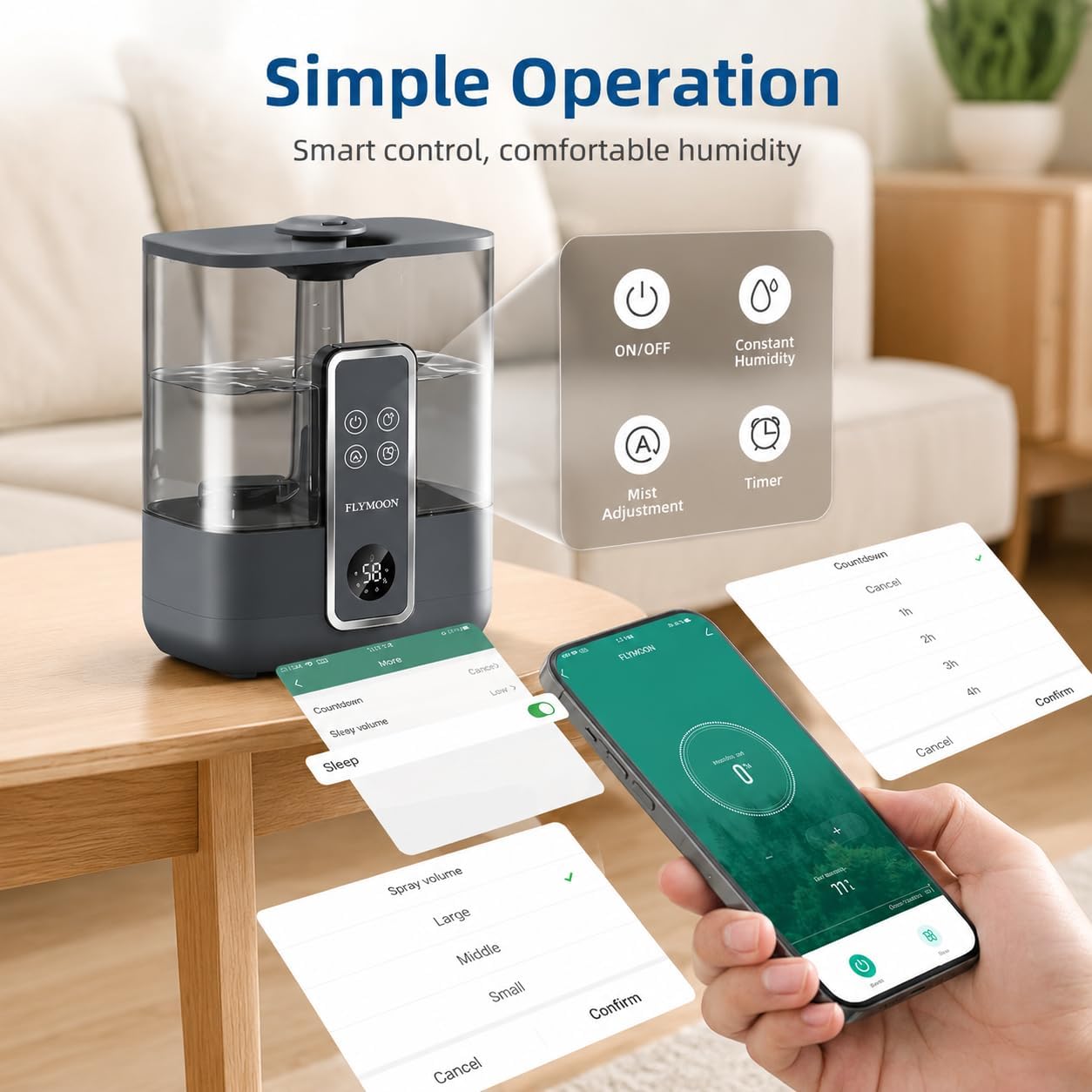 FLYMOON Top Fill 5L Cool Mist Humidifiers with 28dB | Tuya App & Touch Control, Auto-Off, 12H Timer, 50 Hour Runtime, Ultra-fine Mist, Ideal for Bedrooms