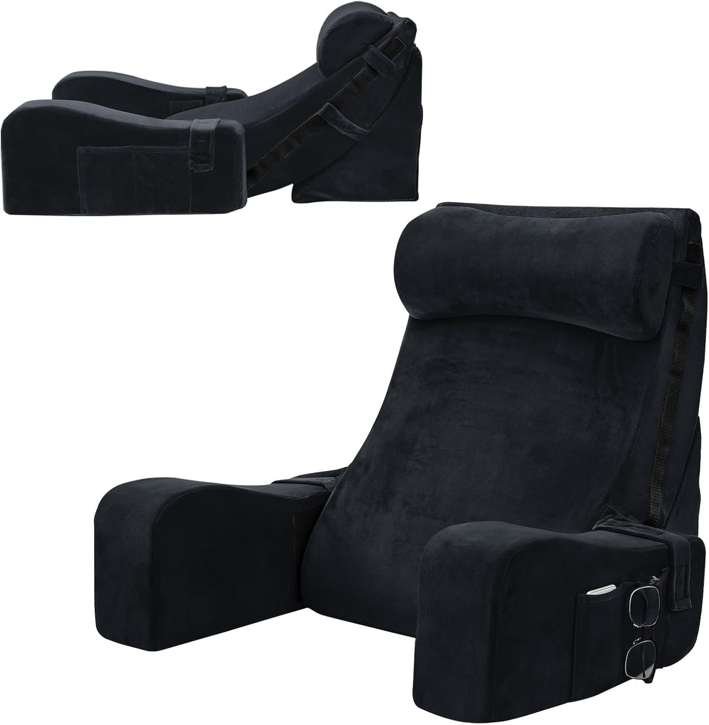 Sasttie 15-25 inch Adjustable Reading Pillow with Armrests, Dark Grey | Back Rest Pillow with Secure Side Straps, Memory Foam Back Support Cushion Bed Chair for Reading, Gaming & Relaxing