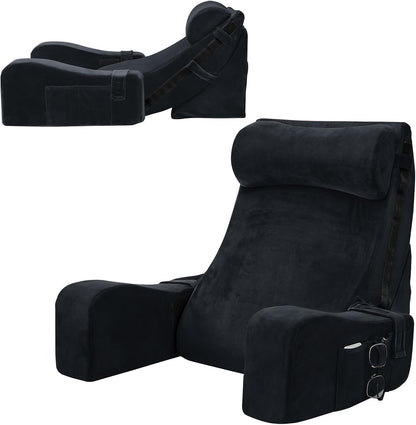 Sasttie 15-25 inch Adjustable Reading Pillow with Armrests, Dark Grey | Back Rest Pillow with Secure Side Straps, Memory Foam Back Support Cushion Bed Chair for Reading, Gaming & Relaxing