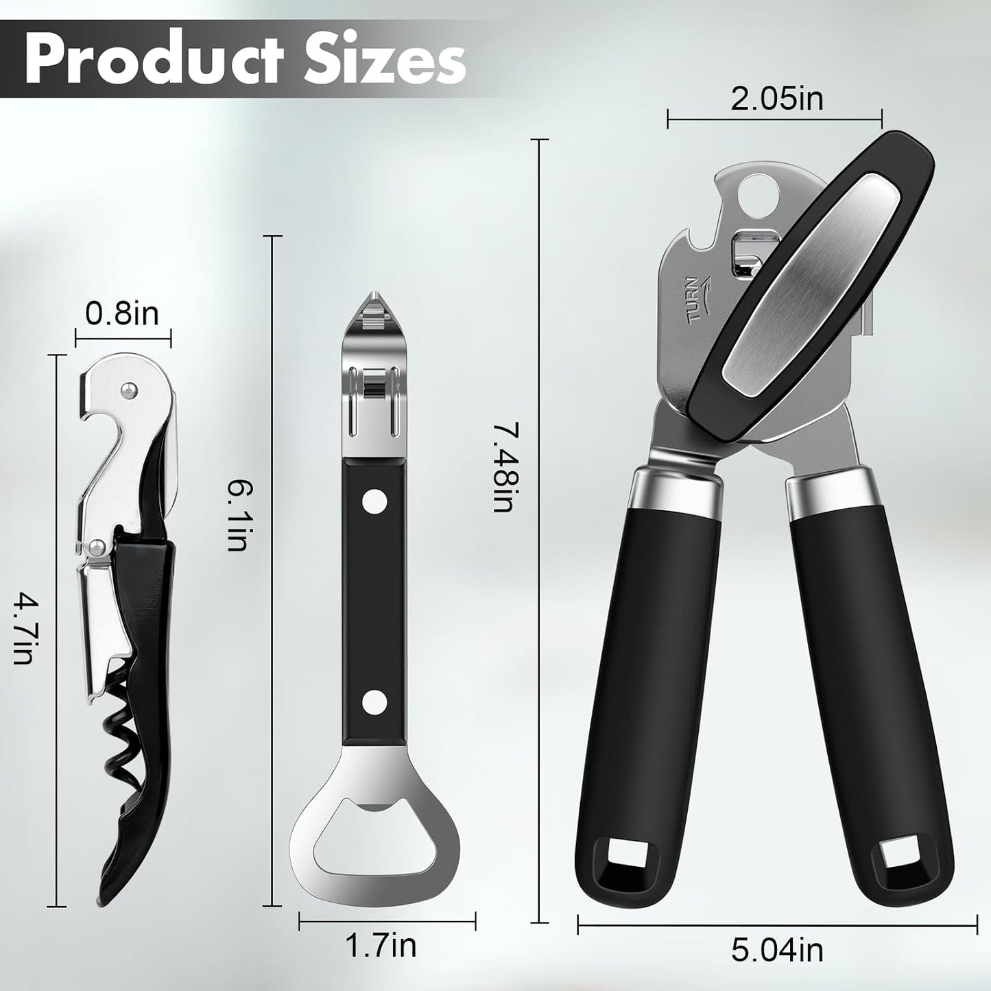 3PCS Can Opener Manual & Bottle Opener & Wine Opener, Smooth Edge Can Openers with Strong Magnet, Heavy Duty Stainless Steel Abrelatas Handheld Waiter Corkscrew - Premium Kitchen Supplies (Black)