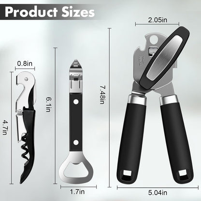 3PCS Can Opener Manual & Bottle Opener & Wine Opener, Smooth Edge Can Openers with Strong Magnet, Heavy Duty Stainless Steel Abrelatas Handheld Waiter Corkscrew - Premium Kitchen Supplies (Black)