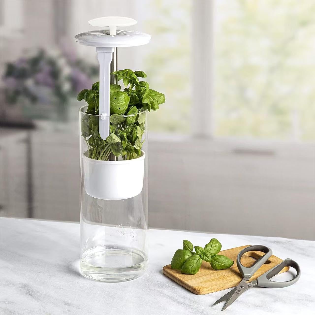 Fresh Herb Keeper Glass Container for Fridge, Borosilicate Herb Preserver Vase with Adjustable Water Line, Herb Storage Jar for Cilantro, Parsley, Basil, Mint, Green Vegetables，White