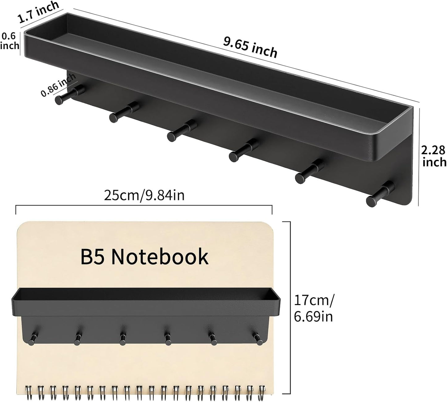 MKO Key Holder Wall Mount, Key Holder Wall Mount Adhesive with Mail Organizer Tray with 6 Key Hooks for Wall, Black | Metal Material, Key Rack with Shelf, Mail Organizer Tray for Entryway, Hallway, Living Room