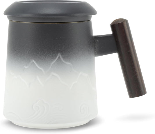 Tea Cup with Infuser, 13.5oz Ceramic Tea Infuser Mug with Wood Handle and Cup Lid, Tea Strainer Cup for Loose Leaf Steeping, Blue&Black