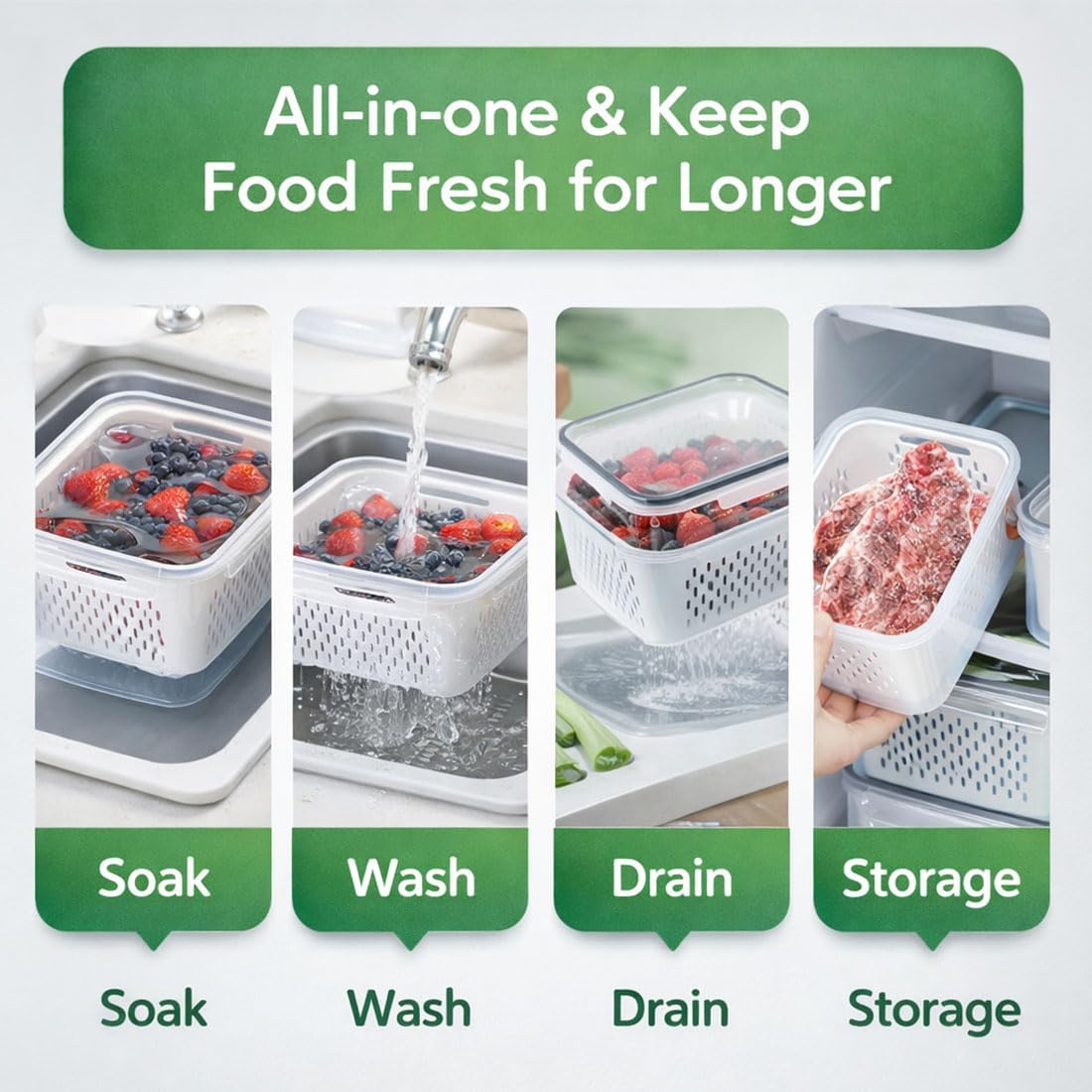 Fruit Storage Containers for Fridge, 4-in-1 Leakproof Produce Saver with Removable Colander, Berry Keeper & Lettuce Organizer Keep Vegetables Fresh Longer - Wash, Drain & Store (Blue,S)