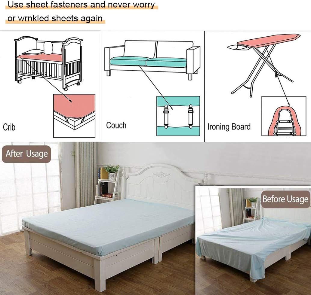 Adjustable Bed Sheet Straps Clips, Elastic Mattress Sheet Fasteners Holder and Suspenders, Grippers to Hold Sheet, Mattress, Sofa, Couch, Table Cloth, Ironing Board Cover, Black