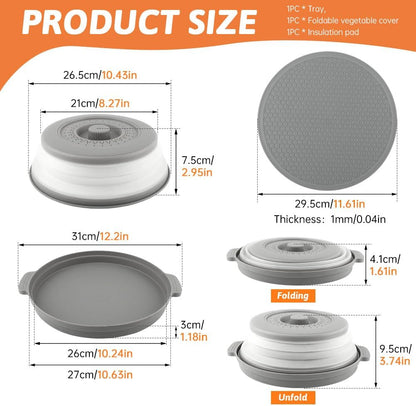 Collapsible Microwave Splatter Cover for Food with Base Mat,Silicone Microwave Plate Cover,Vented Silicone Splatter Guard Lid Vegetable Fruit Colander for Even Heatin(27 * 9.5cm,COLOR:Grey)