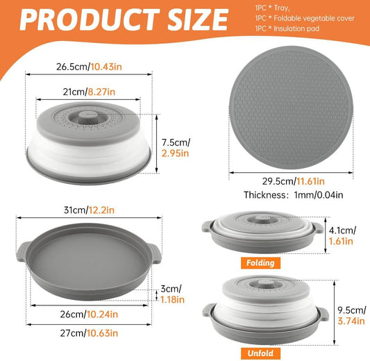 Collapsible Microwave Splatter Cover for Food with Base Mat,Silicone Microwave Plate Cover,Vented Silicone Splatter Guard Lid Vegetable Fruit Colander for Even Heatin(27 * 9.5cm,COLOR:Grey)
