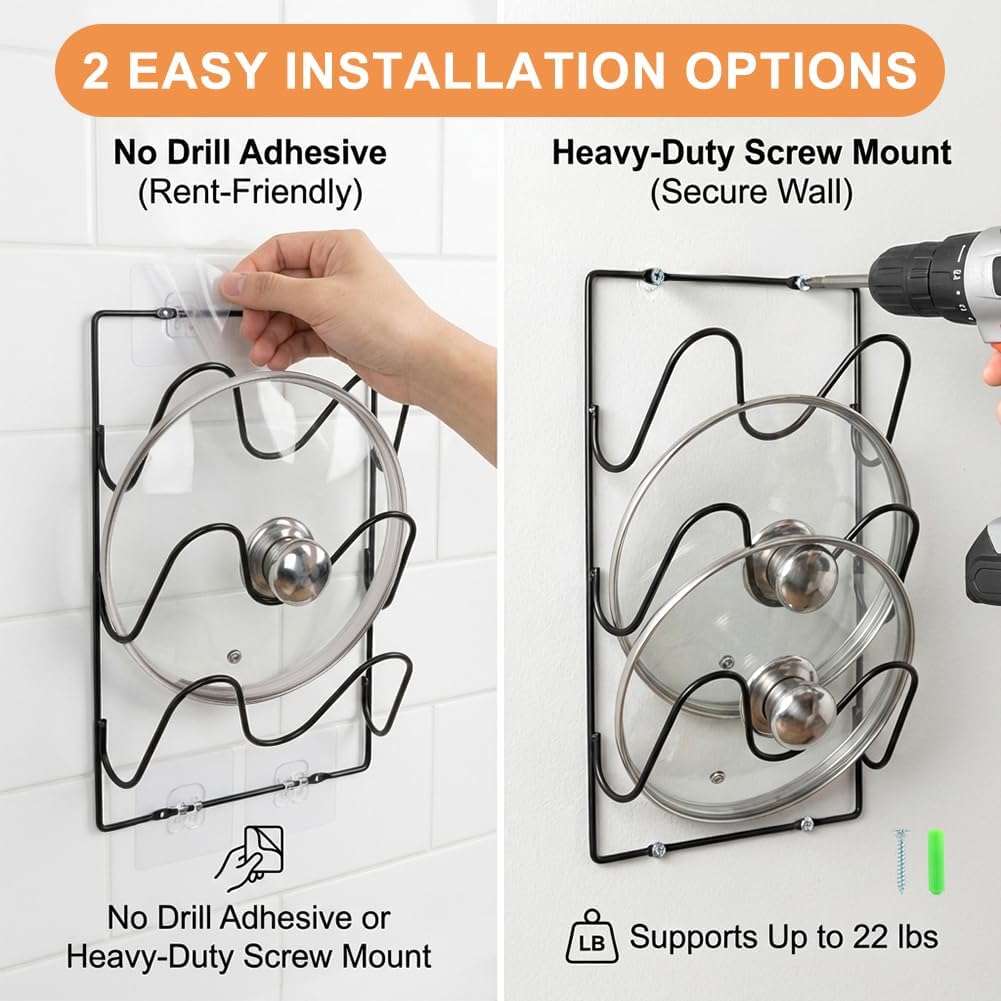 2 Pack Pot Lid Organizer Rack for Cabinet Door or Wall, 6-Tier Pot Lid Holders, No Drilling Pan Cover Holder with 6 Adhesive Clips, Rustproof Kitchen Kit Storage Rack