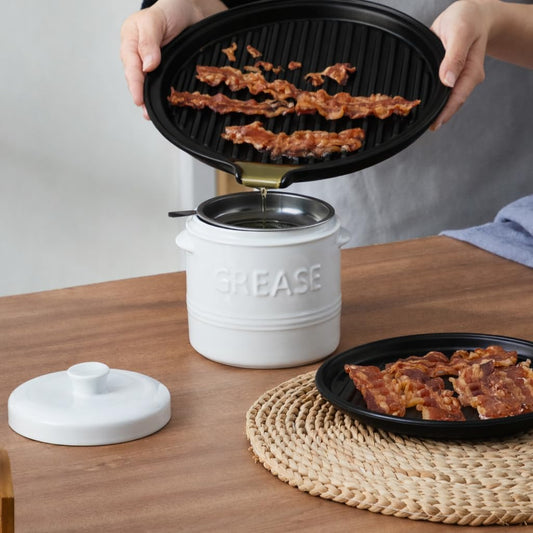 ONEMORE Microwave Bacon Cooker, Ceramic Bacon Tray with Splatter Cover | Meat Rack for Oven Cooking Crispy Bacon Maker with Collapsible Lid - 13 inch Round Bacon Dish Plate, Dishwasher Safe, White