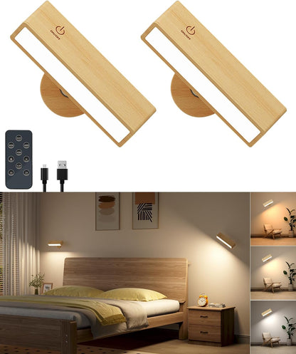 DetarZinLED Wall Lights Battery Operated Wooden,Magnetic Wall Sconces Rechargeable,Adhesive Wall Lights for Bedroom,Dimmable Wall Mounted Bedside Lamp,Cordless Battery Wall Sconce for Bedroom Reading