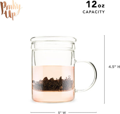 Pinky Up Blake Tea Infuser Mug with Lid, Glass Cups for Loose Leaf or Flowering Teas, Travel Mugs, Home Office, Picnic, Camping, 12 oz Set of 1, Clear