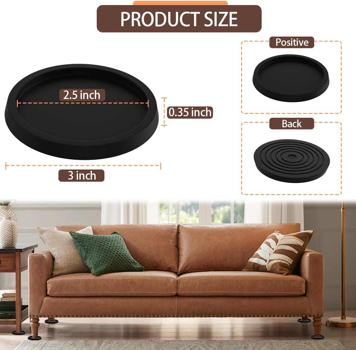 12Pcs 2.5in Furniture Coasters Non-Slip Bed Leg Pads Round Rubber Anti Sliding Caster Cups for Hardwood Floors Brown