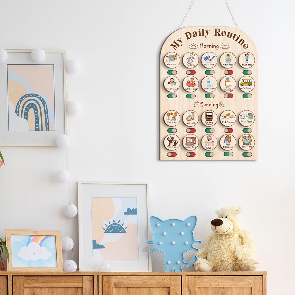 TinyKidz Wooden Daily Routine Chart 11x15, Schedule Board for Kids, Wooden Chore Chart for Kids, Responsibilities Chart for Toddlers, Morning Bedtime Routine for Toddlers