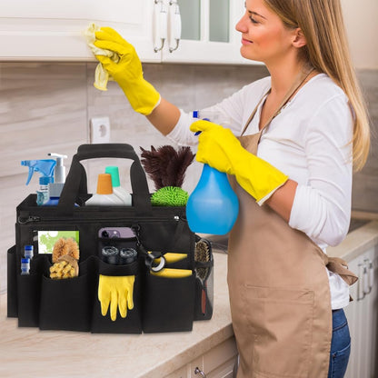 Qivine 17L Cleaning Caddy with Handle, Foldable Cleaning Supply Caddy(Blue) | Cleaning Caddy for Cleaning Supplies, Portable Cleaning Supplies Organizer with 6 Pockets, Cleaning Bucket for Kitchen Garden