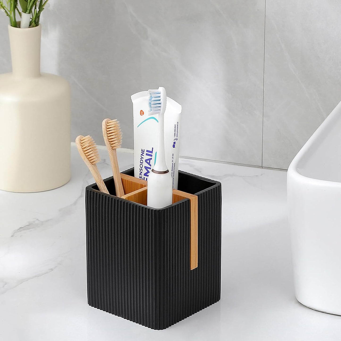 Toothbrush Holders for Bathroom, Bamboo Electric Toothbrush Stand, White | Toothbrush and Toothpaste Organizer for Sink Countertop, Bathroom Storage Stand for Brushing Accessories