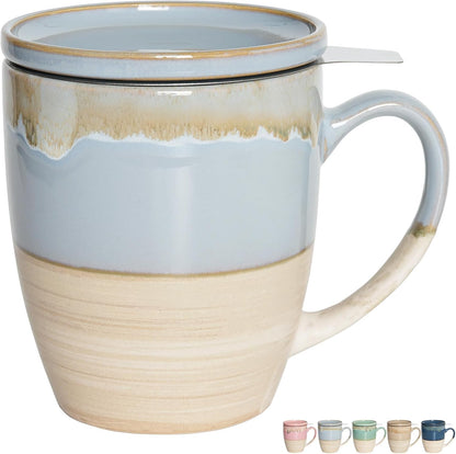Bosmarlin Ceramic Tea Cup with Infuser and Lid, 16 Oz, Dishwasher and Microwave Safe, 5 Colors to Choose, Reactive Glaze, Steeping Tea Mug with Strainer (Green)