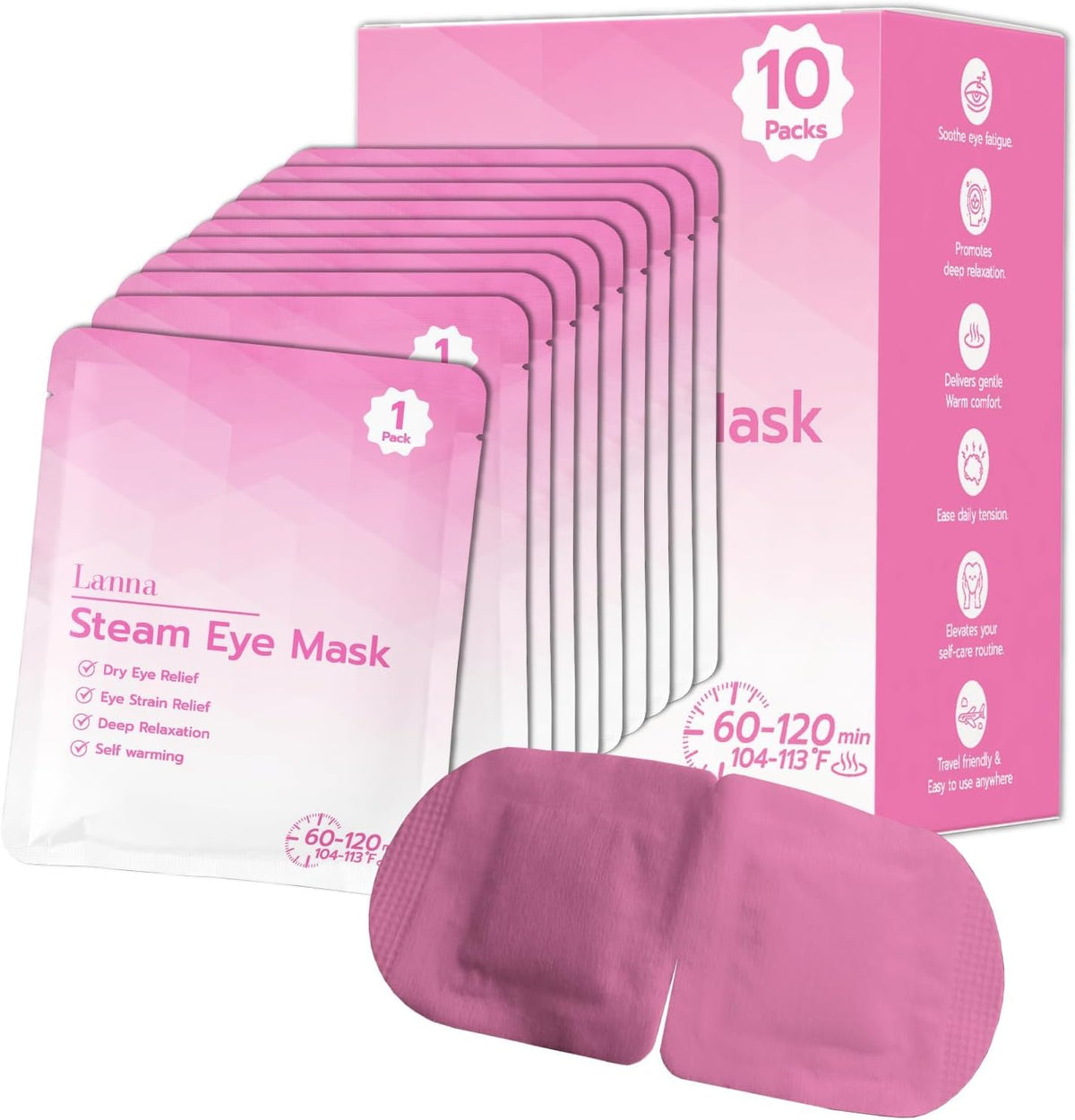 LANNA Heated Steam Eye Mask, Disposable 120 Minutes, Lavender Scent, 5 Pcs