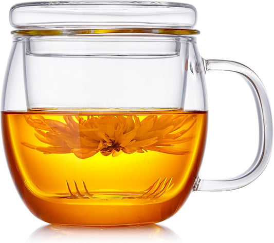 DOPUDO Glass Tea Cup with Infuser and Lid, 17.6oz/520ml Large Borosilicate Teacup,Tea Glass, Clear Mug for Loose Leaf Tea, Blooming Tea, Microwave & Dishwasher Safe - Tea Maker Gift for Birthday.