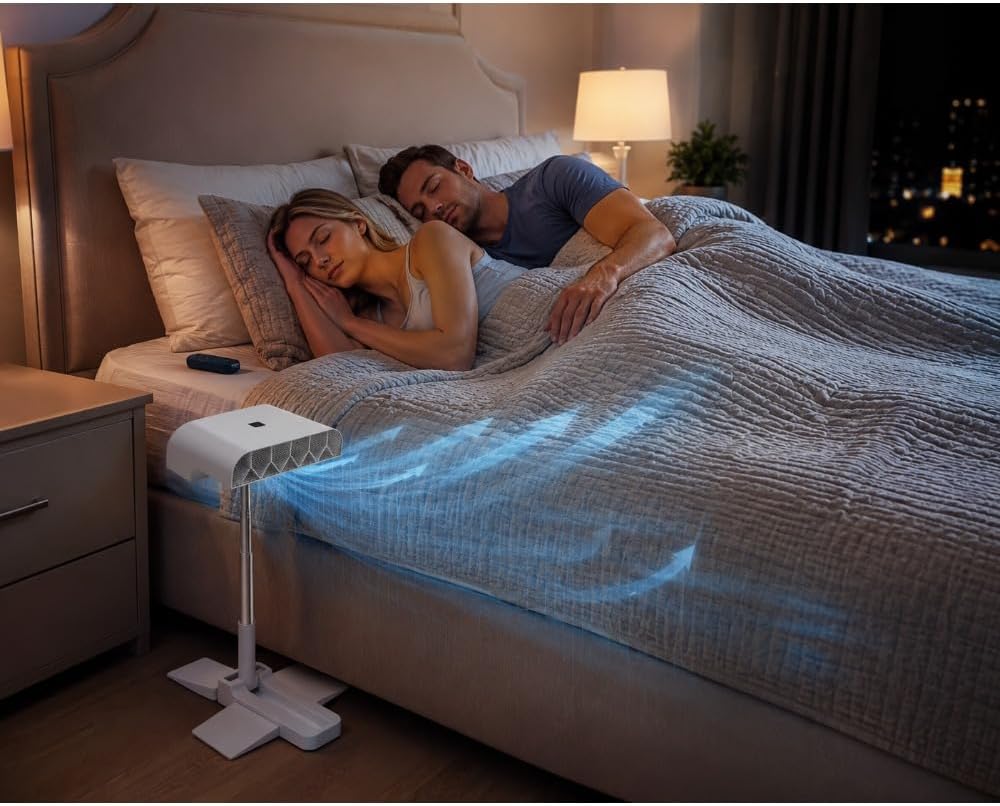Rechargeable Cooling Bed Fan Under Sheets,Under Sheet Bed Cooling Fan for Hot Sleepers & Night Sweats,Fits all Mattress Heights,Adjustable Beds Coolings System with 5 Speeds and Remote (White)