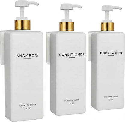 Clear Shampoo and Conditioner Dispenser Set Wall Mounted by Brighter Barns - Refillable Shower Soap Dispensers 3 Chamber No Drill - Plastic Shampoo, Body Wash and Conditioner Bottle for Hotels (Clear)