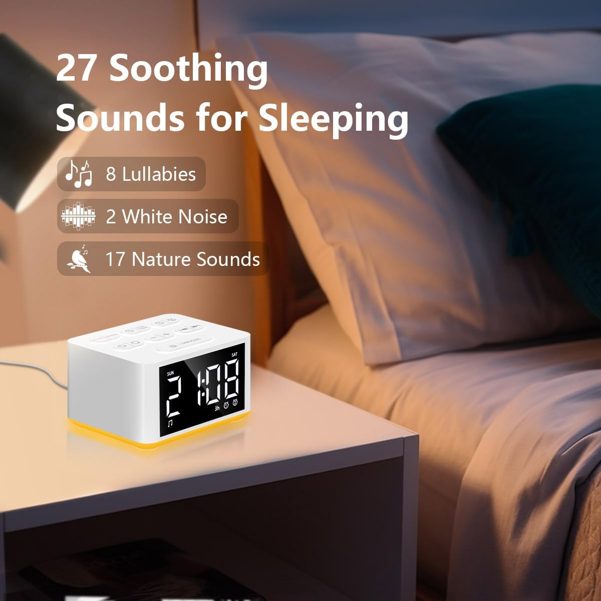 3-in-1 Sound Machine White Noise Machine Dual Alarms 12 Color Night Lights 30 Soothing Sounds 15 Wake Up Sounds 32 Volume for Baby Adults Kids Sleep Timer Memory Function Backup Battery Alarm Clock