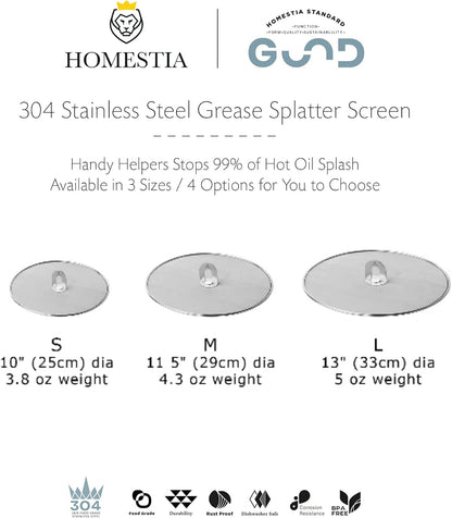 Homestia Splatter Screen for Frying Pan, 10 Inch Grease Splatter Guard | 304 Stainless Steel Ultra Fine Mesh Lids, Splatter Screen for Cooking, Rust-Free - No Oil Mess, No Burns, with Fold Flat Knob