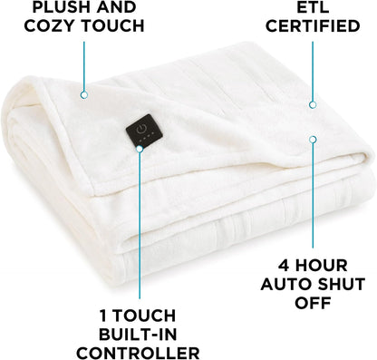 Brookstone Electric Heated Plush Throw - Heated Blankets - 4 Heat Settings, 4-Hour Auto Shut Off, 100% Polyester, 50"x60" - Blue Trellis