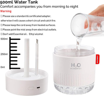 Portable Mini Humidifier, 500ml Small Humidifier for Bedroom Travel, White | USB Personal Cool Mist Humidifier for Baby Room Office Desk Home Plants, Auto Shut-Off, 2 Mist Modes, Super Quiet